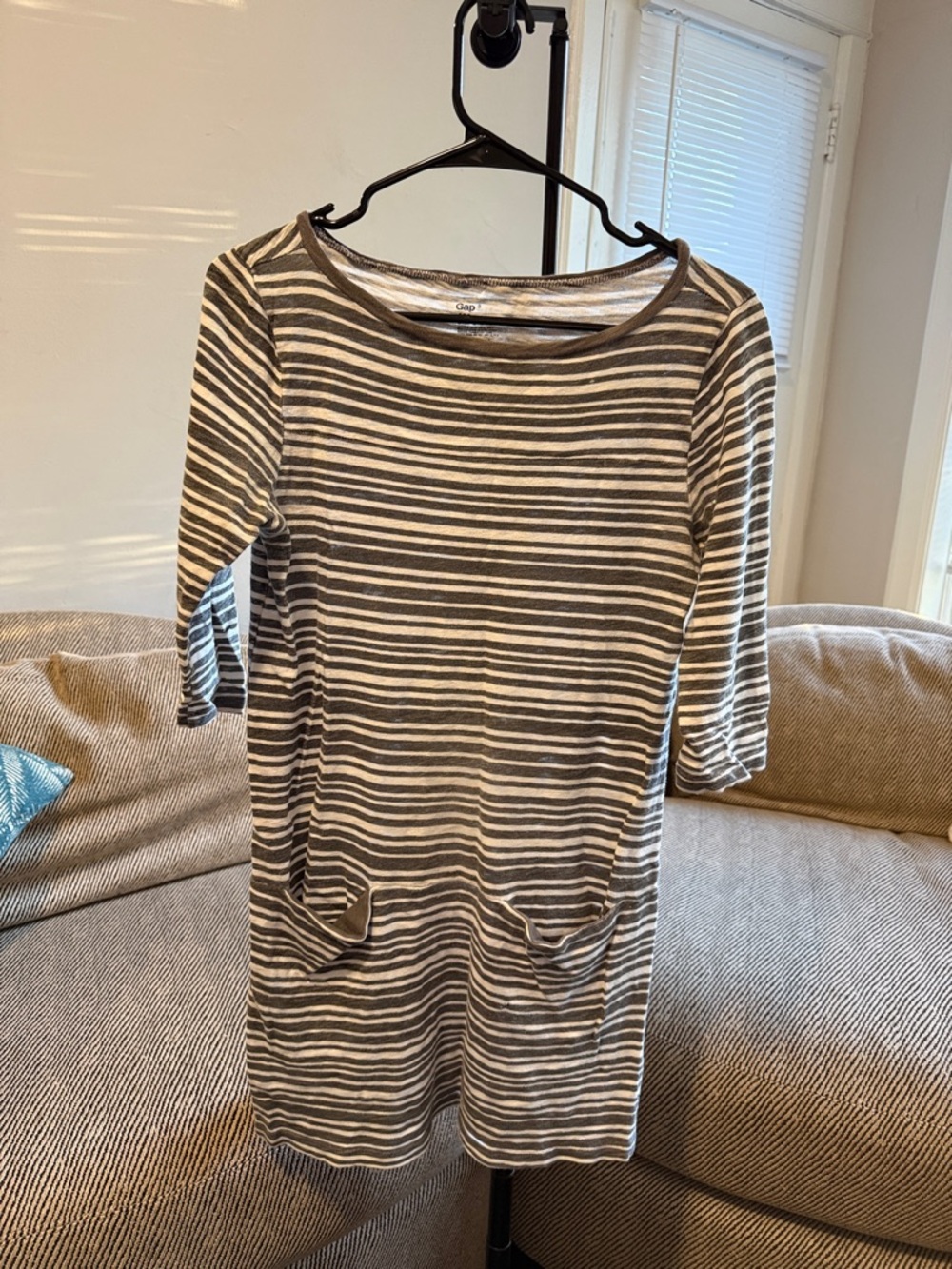 GAP Striped Midi Dress in Gray and White